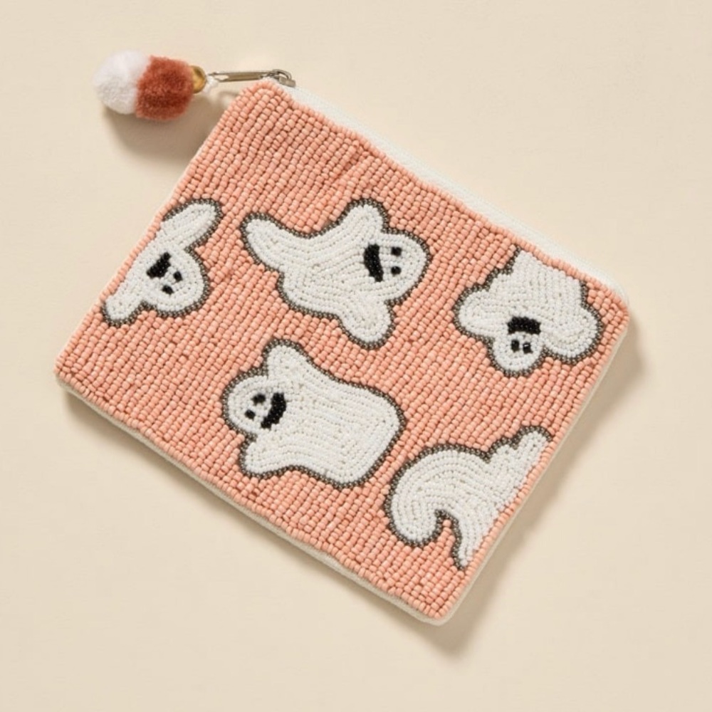 Francesca’s Collection Nina Ghost Print Beaded Pouch in pink, white, & silver